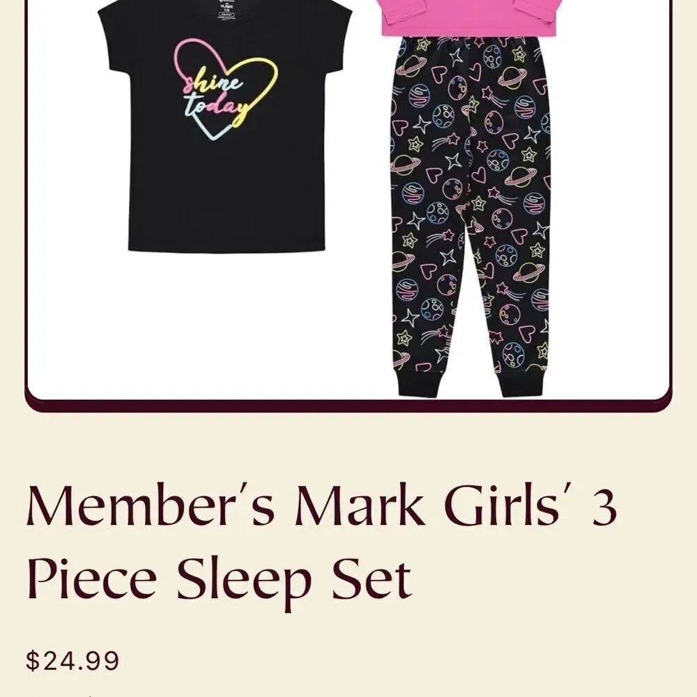 Member’s Mark girl’s pajama‎ 3 piece set incl 1 long slve top, 1 tee,1 pj bottom